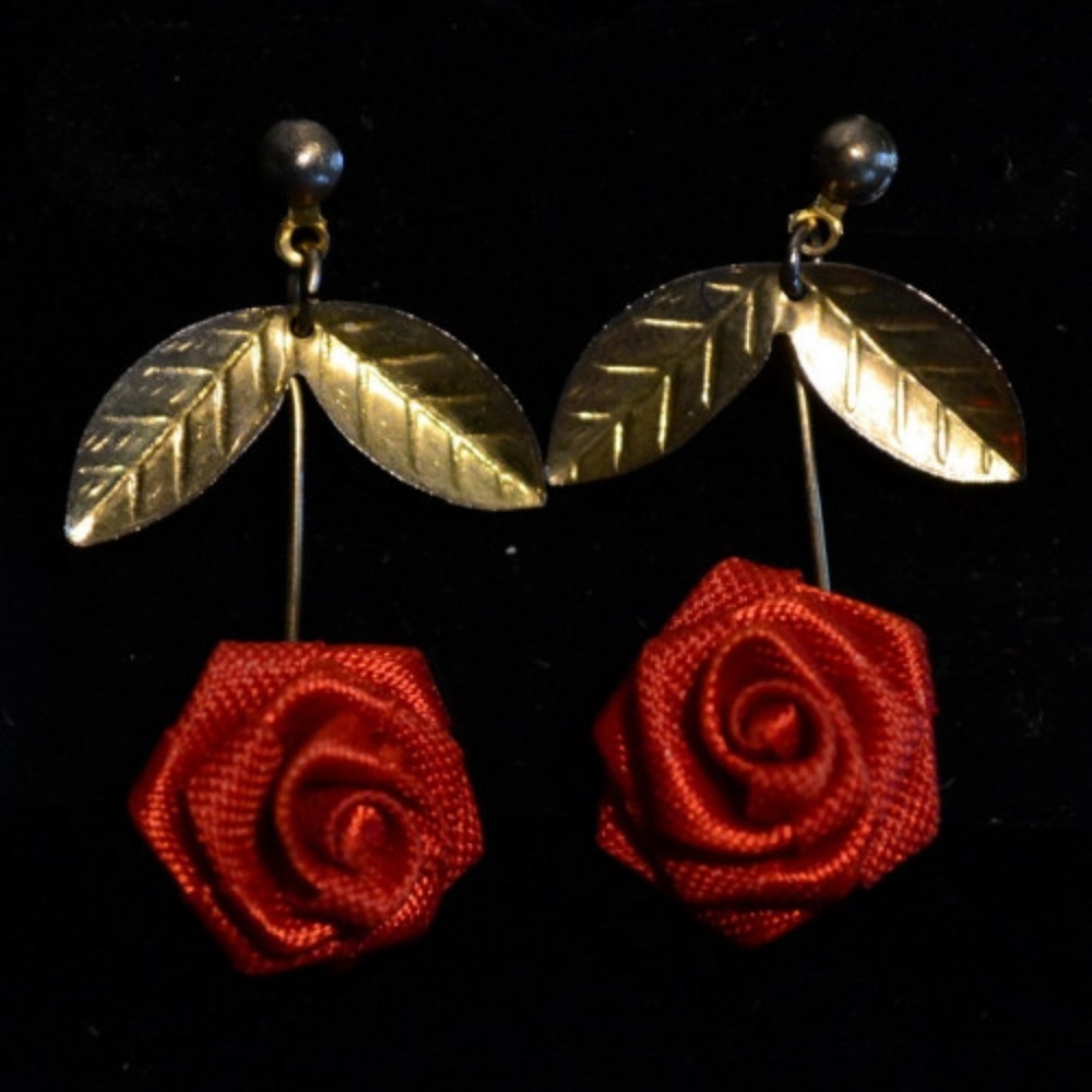 Red Fabric Roses with Golden Leaves Earrings